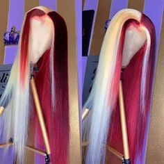 Long Straight Lace Front Wig Half Blonde Half Burgundy Synthetic Wigs Heat Fiber Blonde Highlight Wig, 613 Lace Front Wig, Two Tone Hair, High Fashion Hair, Highlight Wig, Straight Lace Front Wig, Split Dyed Hair, Lace Fronts, Blonde Highlight