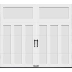 a white double garage door with two black arrows on the front and side paneling