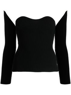 black ribbed knit logo patch at the sleeve bustier-style neckline pull-on style detachable long sleeves ribbed cuffs and hem Stretch Ribbed Evening Tops, Fitted Ribbed Evening Tops, Fitted Ribbed Tops For Evening, Elegant Ribbed Off-shoulder Tops, Elegant Fitted Knit Top With Ribbed Collar, Chic Stretch Tops With Ribbed Cuffs, Elegant Ribbed Tops For Evening, Elegant Ribbed Evening Tops, Elegant Evening Ribbed Tops