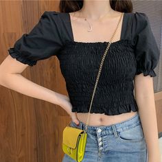 Transform Into An Urban Princess In This Square-Neck Cropped Top With A Smocked Bodice And Puff Sleeves. Its Figure-Flattering Fit Complements Anything From Skinny Jeans To Miniskirts And Short-Shorts. Fits Small To Medium Total Length: 15.75 In Bust: 23.62 In - 35.43 In Sleeve Length: 9.45 In Material: Cotton Blend Color: Black Brand New Casual Puff Sleeve Top With Square Neck, Black Lantern Sleeve Tops For Summer, Black Lantern Sleeve Top For Summer, Trendy Black Puff Sleeve Top, Black Casual Puff Sleeve Top With Short Sleeves, Casual Black Puff Sleeve Top With Short Sleeves, Casual Black Puff Sleeve Top With Lantern Sleeves, Black Stretch Puff Sleeve Top For Spring, Casual Black Puff Sleeve Top For Summer