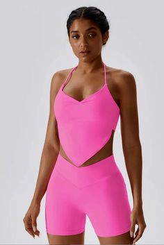 Fitted T-back Halter Top For Gym, Fitted T-back Halter Top Athleisure, Stretch T-back Halter Top For Gym, Summer T-back Halter Top For Gym, Stretch Halter Neck Activewear, Summer Nylon Halter Neck Tops, Summer Halter Neck Activewear, Summer Sports Halter Neck Activewear, Stretch Triangle Top In Athleisure Style