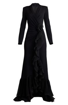 A structured ruffle turns up the festive feel of this chic gown designed with a surplice neckline and a rosette at the waist. 60" length Hidden back-zip closure Surplice V-neck Long sleeves Lined 95% polyester, 5% spandex Dry clean Imported Hijabi Soiree Outfits, Long Sleeve Soiree Dress, Modest Soiree Dresses, Gala Dress Long, Glam Dresses Long, Fall Gowns, Opera Gown, Black Gala Dress, Soiree Outfits