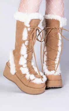 CUBBY-311 Camel Vegan Suede Boots-Demonia-Tragic Beautiful Demonia Cubby 311, Cute Snow Outfits, Shoe References, 2000s Shoes, Winter Festival Outfit, Punk Festival, Cute Winter Boots, Y2k Winter, Fluffy Boots