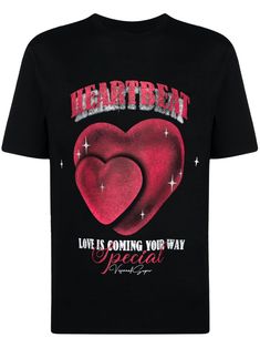 black cotton jersey texture Heartbeat print to the front logo print to the front crew neck short sleeves straight hem Versace Sneakers, Balenciaga Triple S, Custom Watch, Short Suit, T Shirt Vest, Party Shoes, Light Jacket, Jacket Style, In A Heartbeat