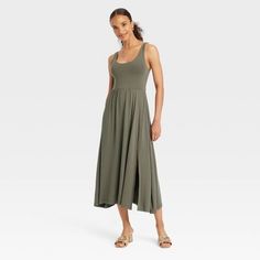 Women's Midi Ballet Dress - A New Day™ Olive S Trendy Spring Stretch Maxi Dress, Trendy Stretch Maxi Dress For Spring, Trendy Stretch Spring Maxi Dress, Trendy Stretchy Spring Maxi Dress, Stretch Midi Dress For Brunch, Stretch Mid-length Summer Dress, Casual Fitted Elastane Maxi Dress, Stretch Mid-length Maxi Dress For Summer, Casual Longline Stretch Dresses