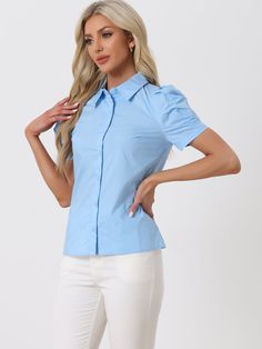 Shop Allegra K for puff short sleeve turn down collared office button down shirt you are looking for, get more women's shirts for yourelf. Order now! Free Returns! Women's Shirts, Order Now, Sky Blue, Button Downs, Down Shirt, Button Down Shirt, Womens Shirts, Turn Ons, Blue