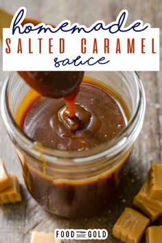 homemade salted caramel sauce in a glass jar with chocolate chunks on the side