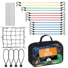 an assortment of jump rope and cords in a bag with the contents attached to it