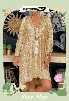 Dazzling Sequins Extra Loose Long Sleeve Trendy Dress for Women Gold Long Sleeve Midi Dress For Spring, Spring Long Sleeve Gold Midi Dress, Gold Long Sleeve Midi Dress For Summer, Gold V-neck Dress For Spring, Gold V-neck Spring Dress, Festive Winter V-neck Dresses, Holiday V-neck Mini Dress For Fall, Gold V-neck Mini Dress For Spring, Fall Holiday V-neck Mini Dress