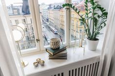 a window sill with books and plants on it next to a potted plant