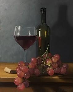 a painting of a glass of wine next to a bottle and some grapes on a table