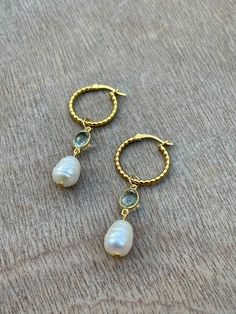 Beautiful Freshwater Pearls and Green Amethyst on 20mm Gold Vermeil beaded effect hoops. Earrings are fitted with latch pierced ear fitting.  I've shown a photo to show what the hoops look like on the ears, however they are not the finished earrings for sale on this listing. Vermeil is Sterling Silver plated with 18ct Gold. Wedding service: The earrings are perfect for a wedding whether it be for the bride herself, bridesmaids or mother/mother in law of the bride. Please message me for prices of wedding packages as discount is available if ordering over a certain amount of pieces. Take the stress away by sharing my shop with your wedding party so that they can choose jewellery themselves. All jewellery comes with boxed packaging. Elegant Faceted Hoop Jewelry, Faceted Hoop Jewelry For Gifts, Adjustable Teardrop Hoop Earrings For Wedding, Elegant Hoop Earrings With Faceted Beads, Elegant Faceted Beads Dangle Hoop Earrings, Elegant Dangle Hoop Earrings With Faceted Beads, Faceted Hoop Earrings As Gift, Small Hoop Jewelry With Faceted Beads For Gifts, Gold Gemstone Hoop Earrings For Wedding