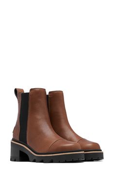 An essential Chelsea boot with a sleek, waterproof leather upper and lug sole can easily be styled up or down to match your mood. Waterproof: protects against rain, puddles and slush to keep feet dry in wet conditions 2 1/4" heel; 3/4" platform (size 8.5) 5 3/4" shaft Pull-on style with elastic gore insets Removable insole Leather and textile upper/textile and synthetic lining/rubber sole Imported Classic Weatherproof Boots For Fall, Everyday Waterproof Boots For Fall, Everyday Waterproof Fall Boots, Everyday Winter Leather Boots, Winter Everyday Ankle Boots, Everyday Winter Ankle Boots, Everyday Ankle Boots For Winter, Classic Insulated Waterproof Boots For Fall, Everyday Fall Boots With Reinforced Heel