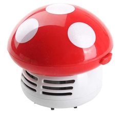 a red and white mushroom shaped speaker on a white background