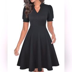 Semi-Formal Fit & Flare Dress With Pockets - Two Side Pockets - Soft And Lightweight - Elegant And Modest - Classic Empire Waist - Hidden Zipper At Side - V-Neckline & Puff Sleeves - 95% Polyester, 5% Spandex - High Quality Stretchy Fabric With A Nice Drape - Flare A-Line Swing Skirt Falls From The Fitted Waist {Bin#19} Fall Skirts, Dress With Pockets, Fit Flare Dress, Stretchy Fabric, Empire Waist, Fit & Flare, Semi Formal, Puff Sleeves, Hidden Zipper