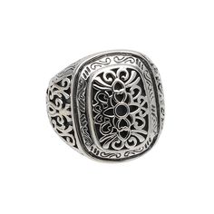 Fine quality sterling silver ring has antiqued finish and an impressive filigree design. Inside and bottom of band are smooth. Ring is packaged with an anti-tarnish strip to maintain long-lasting shine. Size 8. Antique Silver Engraved Ring With Oxidized Finish For Anniversary, Classic Silver Ring With Intricate Engraving, Silver Rings With Antique Finish, Silver Antique Finish Rings, Antique Finish Silver Metal Rings, Elegant Gift Signet Ring With Oxidized Finish, Anniversary Antique Silver Engraved Ring With Oxidized Finish, Vintage Oxidized Silver Signet Ring, Vintage Silver Oxidized Signet Ring