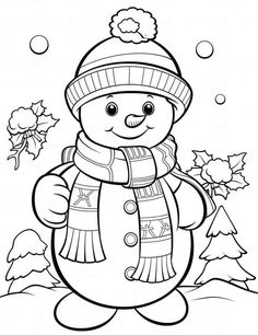 a snowman with a hat and scarf in the snow coloring pages for kids to print