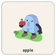 an apple is sitting on the ground next to a blue box with eyes and legs