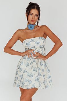 Vitoria Strapless Babydoll Dress Floral Blue by Selfie Leslie Light Blue Fluffy Dress, Spring Mini Length Flirty Dress, Spring Mini Length Coquette Dress, Spring Coquette Mini Dress, Sleeveless Blue Coquette Dress, Flirty Sleeveless Blue Dress, Blue And White Mini Dress, Blue Floral Print Mini Dress, Strapless Floral Sundress