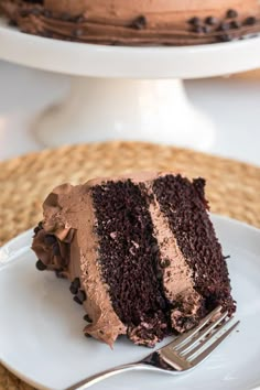 a slice of chocolate cake on a plate with a fork