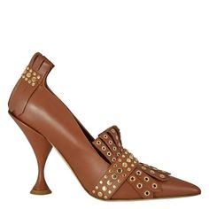 Burberry SKU: 8020379. Color: Brown Leather point-toe pumps featuring a sculptural heel and kiltie fringing - punctuated with eyelets and studs. Upper: 100% calf leather. Lining: 90% sheep leather, 10% calf leather. Sole: 100% leather. Outer Calf Leather 100%.Sole Leather 100%.Lining Sheepskin 90%.Lining Calf Leather 10%. Please visit the brand website for sizing information. Size: 6.  Gender: unisex.  Age Group: adult. Designer Heels For Spring Workwear, Designer Pointed Toe Heels For Work, Designer Heels With Pointed Toe For Workwear, Designer Fall Heels For Workwear, Luxury Heels With Sculpted Heel For Fall, Designer Heels For Fall Workwear, Designer Heels For Workwear In Fall, Luxury Sculpted Heel Heels For Fall, Designer Heels For Office In Fall