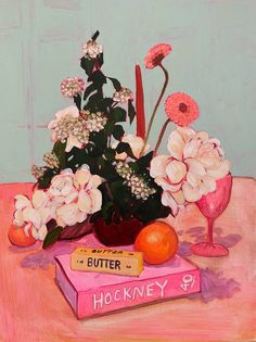 a painting of flowers and books on a table