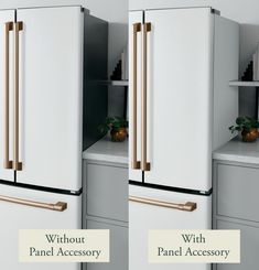 two white refrigerators side by side with gold handles