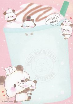 an ice cream drink with panda bears on the side and sweet happy written in japanese