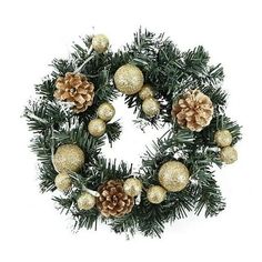 a christmas wreath with pine cones and balls