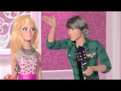 a barbie doll is talking to a man in front of a pink wallpapered room