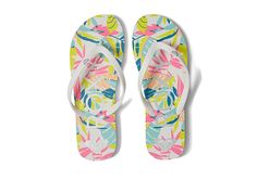 Roxy Tahiti VII - Women's Shoes : Neon Lights : Give your feet a vacation with the beachy vibes and tropical print of the Roxy Tahiti VII sandals! Flip-flops in a lightly cushioned design with a low-profile silhouette. Three-point vamp strap. Soft two-tone TPR uppers with embossed logo detail. Molded heart logo adorns upper. Dual-density EVA footbed with floral print. EVA outsole with logo tread for long-lasting wear and added traction. Imported. Measurements: Weight: 2.6 oz Product measurements White Flip Flops For Poolside And Beach Season, Tropical Flip Flops For Beach Season, White Flip Flops For Beach Vacation, White Summer Flip Flops For Vacation, White Tropical Flip Flops For Vacation, White Tropical Flip Flops For Beach Season, Tropical White Flip Flops For Vacation, Tropical Vacation Flip Flops, Tropical White Vacation Flip Flops