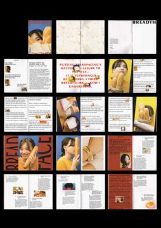 an assortment of brochures with images of women and men in the same image