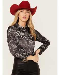 Rodeo Quincy Women's Horse Print Long Sleeve Pearl Snap Western Shirt Western Long Sleeve Tops For Fall, Western Style Tops With Button Closure For Fall, Fall Rodeo Long Sleeve Blouse, Casual Rodeo Fall Blouse, Casual Fall Blouse For Rodeo, Fitted Long Sleeve Shirt For Rodeo, Black Long Sleeve Top For Rodeo, Fall Long Sleeve Blouse For Rodeo, Western Style Black Long Sleeve Tops