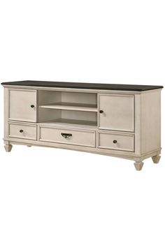 a white entertainment center with drawers and shelves