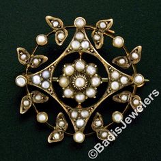 "You are looking at a beautiful antique brooch/pin crafted in solid 14k yellow gold during the Victorian period and features unique round design accented with 43 genuine seed pearls throughout. The center of the brooch displays cute cluster of the amazing pearls and then they elegantly drench the outer designs in absolutely gorgeous patterns while sitting in neat bezel and prong settings. These adorable pearls range in diameter throughout the brooch showing nice size with creamy to off-white col Antique Yellow Gold Brooches With Intricate Design, Vintage Yellow Gold Baroque Brooch, Ornate Gold Brooch With Rose Cut Diamonds, Ornate Gold Brooches With Rose Cut Diamonds, Victorian Brooches With Intricate Design, Anniversary Yellow Gold Brooch With Intricate Design, Anniversary Yellow Gold Brooches With Intricate Design, Antique Gold Brooches With Rose Cut Diamonds, Antique Yellow Gold Wedding Brooches