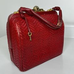 Roberta D Camerino Vintage / Sold As-Is Red Woven Leather Handbag Framed Clutch Bag Purse Rare & Unique Made In Italy Approx 8.5" Across 4" Wide 9" Tall Including Hardware 4.75" Handle Drop Preloved Vintage Sold As-Is Obvious Signs Of Age, Use & Wear Throughout Marks & Scuffs On Leather Handle Is Extremely Worn & Damaged (Add A Twilly Scarf Or Replace The Leather) Worn & Scuffed Corners Tarnished, Worn & Scratched Hardware Key Included But The Keyhole Seems Damaged And Does Not Work Pen/Ink Mark Twilly Scarf, Leather Wear, Twilly, Pen Ink, Leather Handbag, Leather Handle, Red Gold, Leather Handbags, Clutch Bag