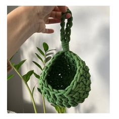 a hand holding a green crocheted hanging basket