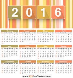 a calendar for the year 2016 with colorful stripes