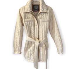 Beautiful Vince Camuto Cream Belted Jacket! Beige Quilted Outerwear For Work, Cream Quilted Long Sleeve Outerwear, Cream Quilted Outerwear For Spring, Cream Quilted Spring Outerwear, Winter Quilted Long Sleeve Blazer, Chic Quilted Jacket For Fall Workwear, Winter Long Sleeve Quilted Blazer, Elegant Quilted Outerwear For Work, Spring Cream Quilted Outerwear