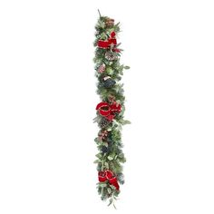 christmas garland with poinsettis, pine cones and red bows on white background