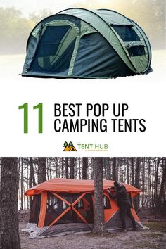 the tent is set up in the woods with text overlay that reads 11 best pop up camping tents