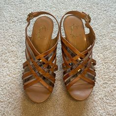 Cute And Comfortable Strappy Cork Wedges That Have Never Been Worn! Purchased From Nordstrom And Comes With Original Box! Metallic Sandals With Removable Insole For Summer, Metallic Sandals With 4-inch Heel For Spring, Metallic Wedge Heel Sandals For Summer, Summer Metallic Leather Heels, Cork Wedges, Franco Sarto Shoes, Brown Silver, Franco Sarto, Womens Shoes Wedges