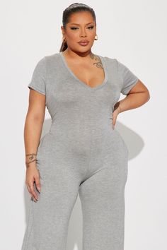 Available In Black, Heather Grey, And Denim. Jumpsuit Short Sleeve V-Neck Side Pockets Wide Leg Stretch 95% Rayon 5% Spandex Imported | Perfect Weekend Jumpsuit in Heather Grey size Small by Fashion Nova Trendy V-neck Bodysuit For Loungewear, Casual V-neck Bodysuit For Loungewear, Gray Fitted V-neck Jumpsuits And Rompers, Stretch V-neck Jumpsuits And Rompers For Loungewear, Casual Fitted V-neck Bodysuit, Casual V-neck Bodysuit, Elastane V-neck Bodysuit For Loungewear, V-neck Elastane Bodysuit For Loungewear, Solid Color V-neck Bodysuit For Loungewear