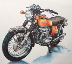 a drawing of an orange motorcycle on a white background