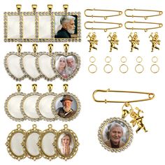 an assortment of golden brooches with pictures on them