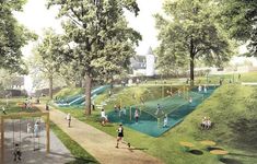 an artist's rendering of people playing in the park