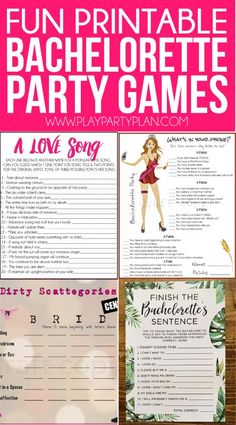 the bachelor party game is shown with pink and white text on it, including an image of