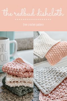 crocheted dishcloths are stacked on top of each other with the words, free crochet pattern