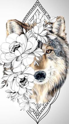 a drawing of a wolf with flowers on it's head