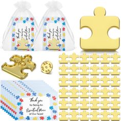 gold puzzle party favors with personalized stickers